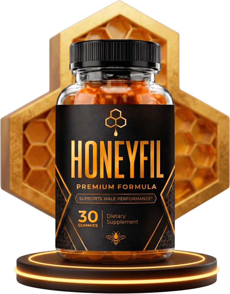 HoneyFil men's vitality gummy bottle with honeycomb backdrop